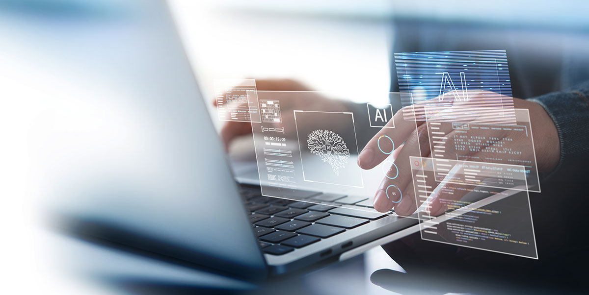 man working on laptop with AI data overlay